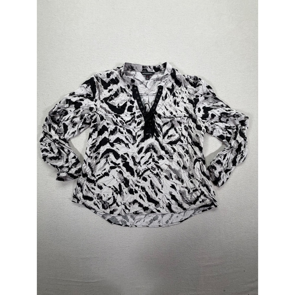 Rock & Republic Womens Blouse Relaxed Black White Animal Print Lace Up XL